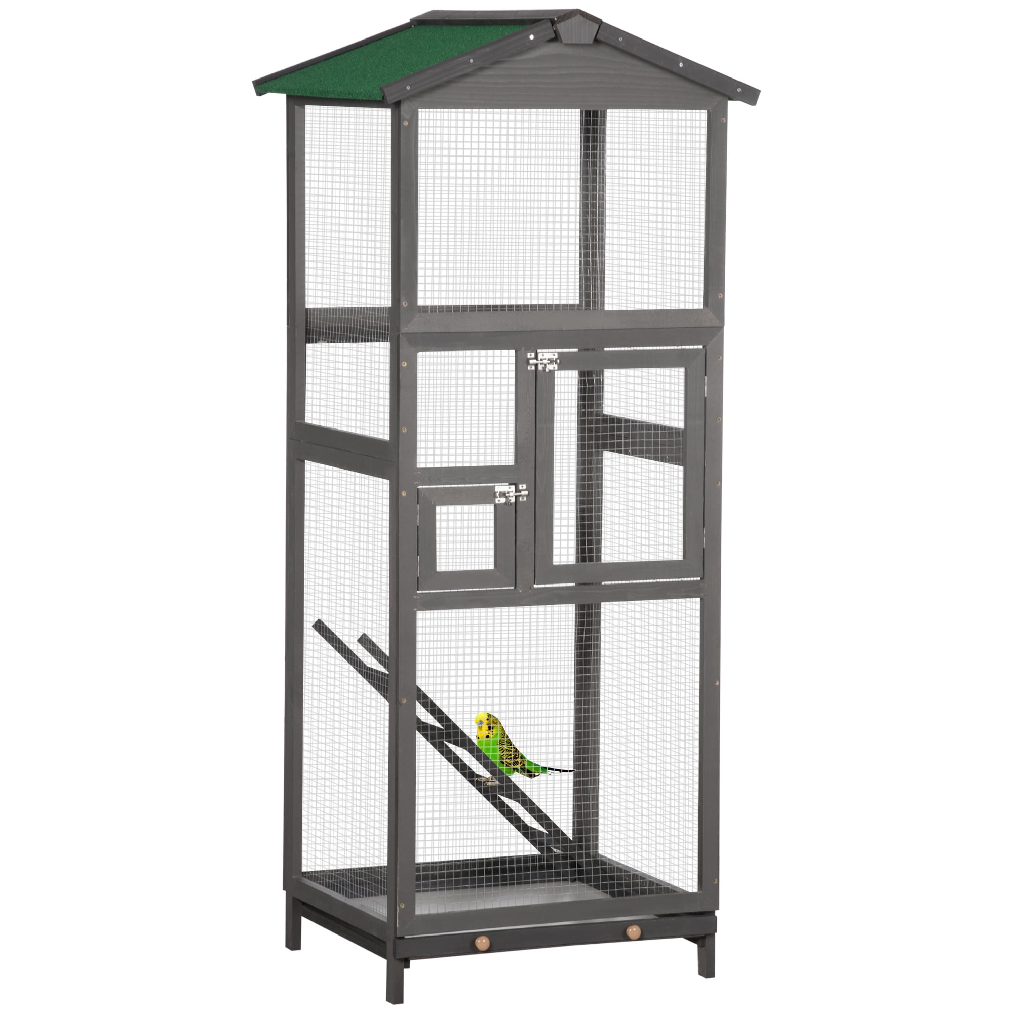 Pet Playpen PawHut 65" Wooden Bird Cage Outdoor Aviary House for Parrot, Parakeet, with Pull Out Tray and 2 Doors, Grey,Guinea Pig Cage
