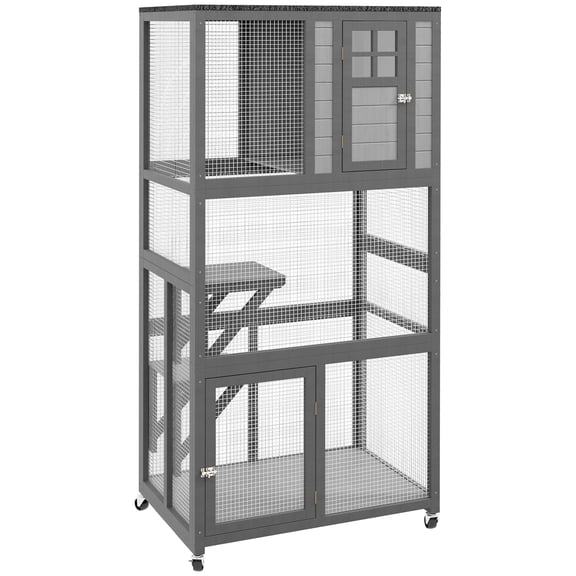 Pet Playpen PawHut 74" Wooden Catio Outdoor Cat House Weatherproof & Wheeled, Outside Cat Enclosure with High Weight Capacity, Kitten Cage Condo, Light Gray,Dog Crate