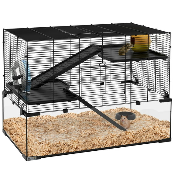 Pet Playpen PawHut Hamster Cage, 31" Gerbil Cage with Glass Basin, Ramps, Platforms, Hut, Exercise Wheel, for Small Hamsters, Black,Guinea Pig Cage