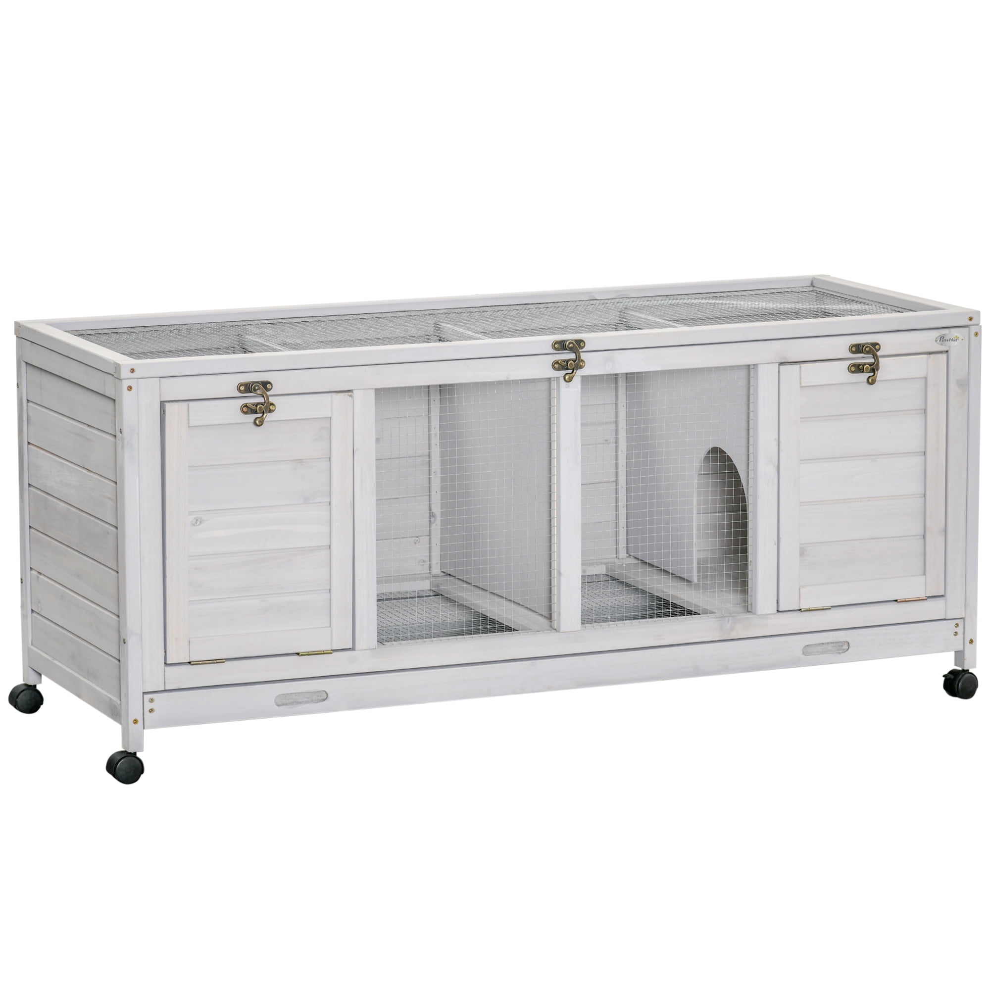 Pet Playpen PawHut Wooden Rabbit Hutch, Bunny Cage with Wheels, Dividers, Openable Roof, Removable Trays, Small Animal Cages for 1-2 Rabbits, Indoor Outdoor Use, Light Gray,Guinea Pig Cage