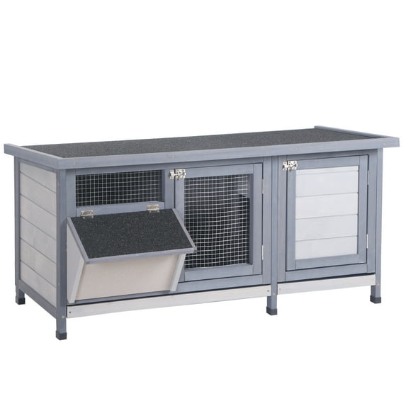 Pet Playpen PawHut Wooden Rabbit Hutch Bunny Hutch Cage Guinea Pig with Waterproof Roof, No Leak Tray and Feeding Trough, Indoor/Outdoor, Gray,Guinea Pig Cage
