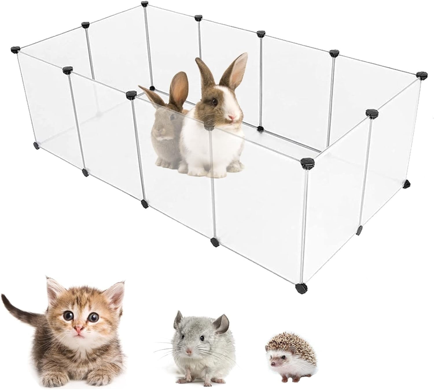 Pet Playpen, Portable Plastic Small Animal Pen,DIY Wire Fence for Hamster, Puppy, Rabbit, Rat, Guinea Pig, (12 Panels, 14" * 14", Translucent )