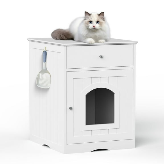 Pet Playpen Wooden Pet House Cat Litter Box Enclosure with Drawer, Side Table, Indoor Pet Crate, Cat Home Nightstand (White),Guinea Pig Cage