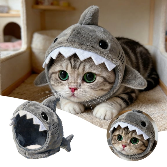 Pet Plush Shark Shaped Headwear Funny Fish Dog Snood Wrap Animal Theme Puppy Hat Novelty Deep-sea Animal Neck Ear Cover Protection for Cat Pup Kitten Dress Up Cosplay