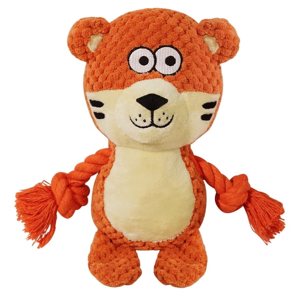 Pet Plush Squeaky Toy - Cute Tiger Design with Rope Knots, Soft Durable Fabric for Chewing, Cuddling - for Small Medium Dogs, Indoor Outdoor Play, Puppy Teething