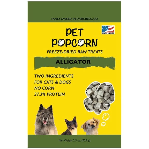 Pet Popcorn: Freeze-Dried Raw Treats - Alligator - 2.5oz Bag, Dog & Cat Snacks, 2 Ingredients, Natural, Pet Food Topper, Novel ProteinPacked Meat