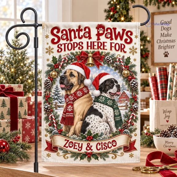 Pet Portrait Flag, Personalized Santa Paws Stops Here Garden Banner for Christmas Dog Lovers