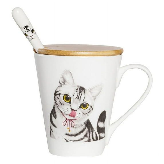 Pet Portrait White Porcelain Cup with Lid & Spoon - I Love American Shorthairs