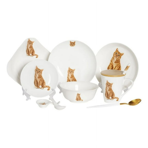 Pet Portrait White Porcelain Dinnerware 11-Piece Set - Orange Tabby