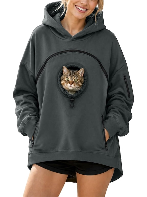Pet Pouch Hoodie Cat Hoodie with Pouch Pull Pocket for Dogs & Snack Hoodies | Kangaroo Sweatshirt with Dog Pouch Side Zip Pocket Drop Shoulder Sweatshirt Big Size Front Dog & Cat Carrier Sweatshirts