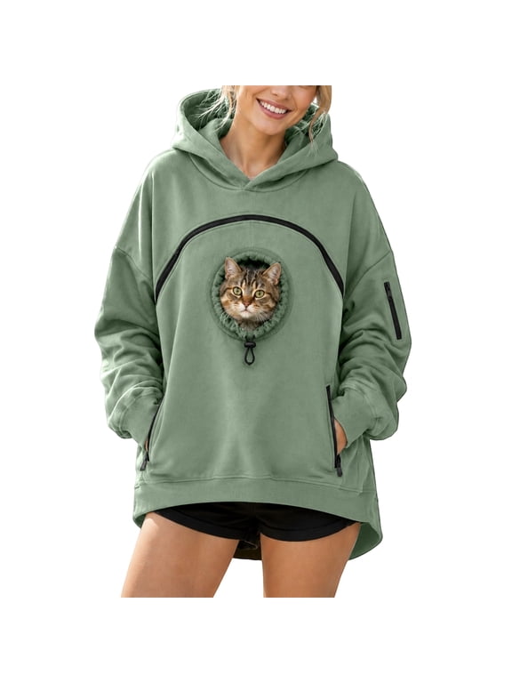 Pet Pouch Hoodie for Women Fleece Kangaroo Pocket Sweatshirt Fuzzy Fleece Kitten Cat Puppy Holder Pet Carrier Pullover Sweatshirts Front Carry Pouch Cat Dogpouch Pullover with Large Pocket