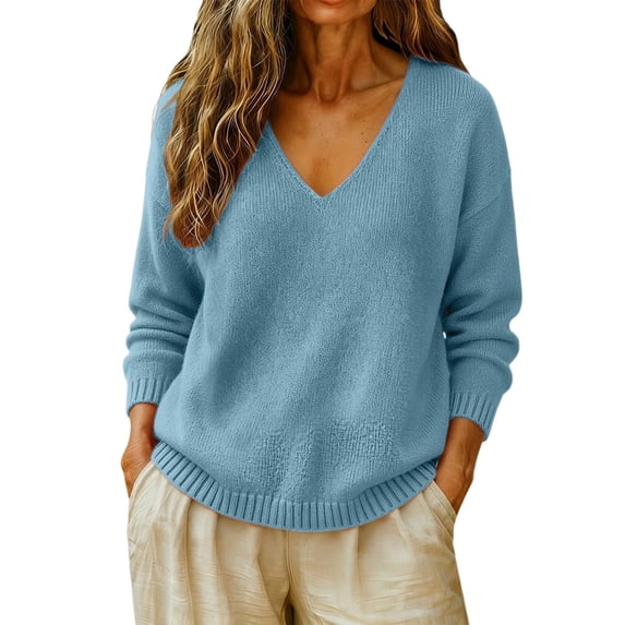 V Neck Sweater for Women, Fall Lightweight Knit Long Sleeve Pullover Sweaters Crochet Tops Womens Winter Clothes Vintage Basic Loose Soft Business Casual Teacher Outfits Modest,Sky Blue,XL