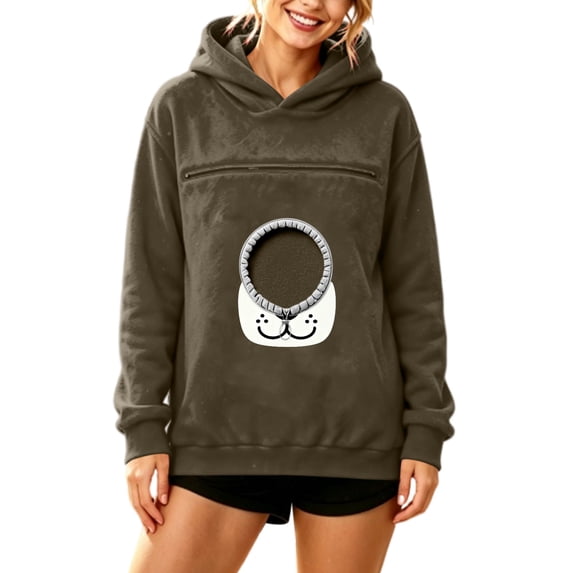 Pet Pouch Hoodie Womens Dog and Cat Carrier Hoodie Loose Fit Casual Cute Graphic Hooded Sweatshirt Winter Tops for Women Long Sleeve Pullover with Zipper Pouch Adjustable Opening
