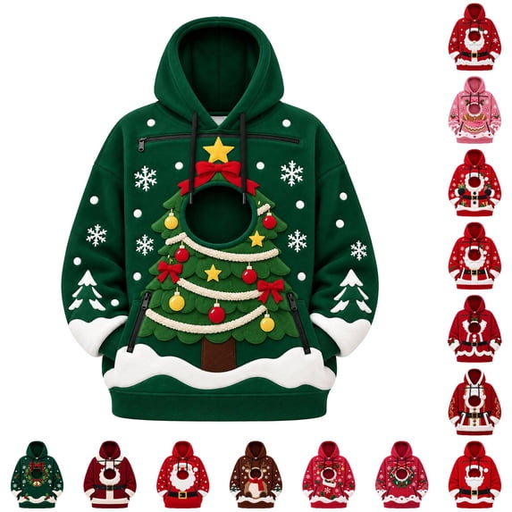 Pet Pouch Hoodie for Christmas Cute Oversized Cat Dog Carrier Hoodies with Big Pocket Women's Men's Christmas Sweatshirt