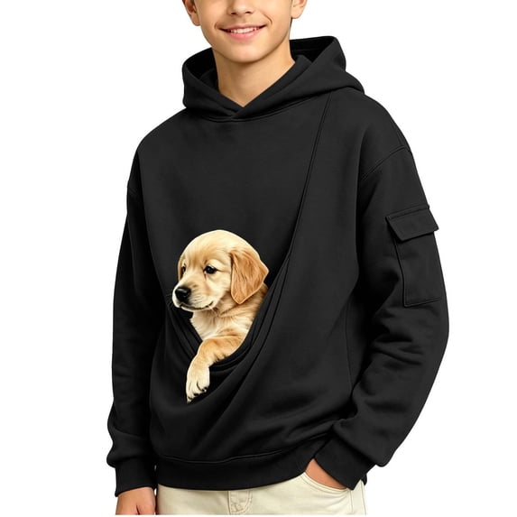 Pet Pouch Hoodie for Kids 5-15 Years Solid Kangaroo Pouch Hoodies Boys Carrier Animal Holder Long Sleeve Pullover