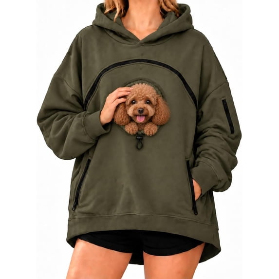 Pet Pouch Hoodie for Women, Cat Dog Carrier Sweatshirt with Easy-Clean Zipper Pet Pouch, Oversized Long Sleeve Pullover(Army Green,2XL)