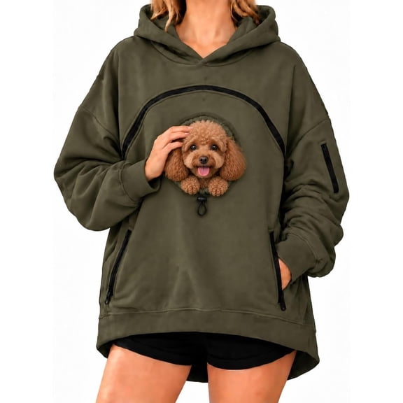 Pet Pouch Hoodie for Women, Cat Dog Carrier Sweatshirt with Easy-Clean Zipper Pet Pouch, Oversized Long Sleeve Pullover(Army Green,2XL)
