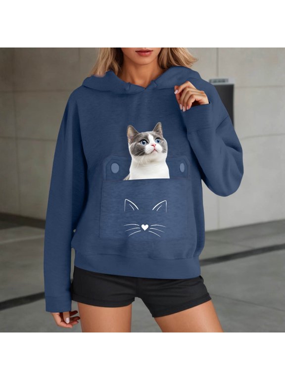 Pet Pouch Hoodie for Women Cat Face and Whisker Print Long Sleeve Pullover with Button Flap Pouch Casual Hoodies