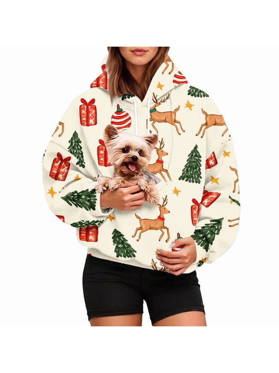 Pet Pouch Hoodie for Women, Christmas Reindeer Pullover Sweatshirt with Cuddle Pouch Pet Carrier Pocket