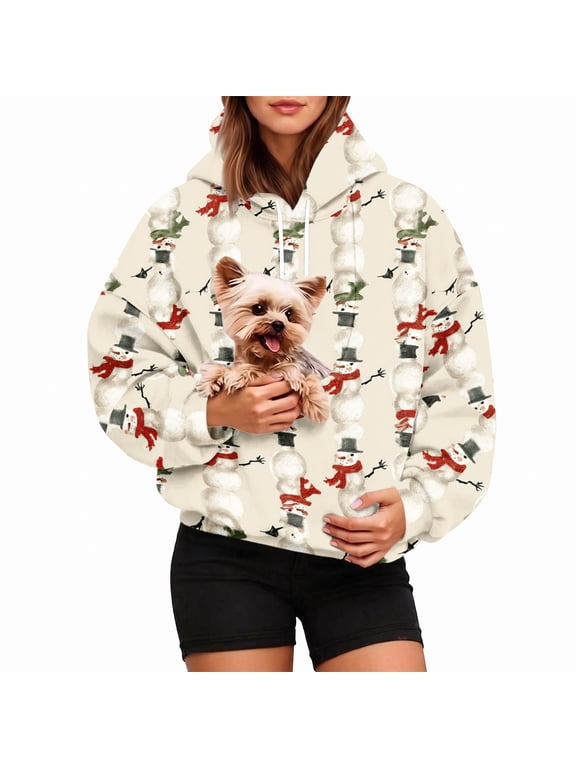 Pet Pouch Hoodie for Women, Christmas Snowman Pullover Sweatshirt with Cuddle Pouch Dog Carrier Pocket