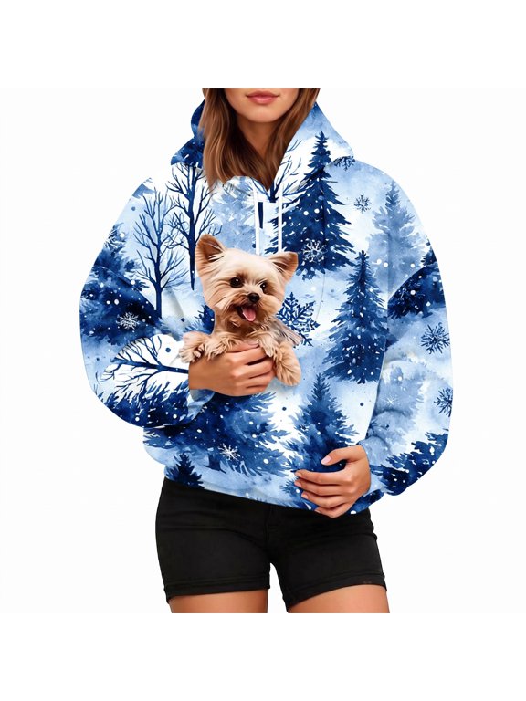 Pet Pouch Hoodie for Women, Christmas Tree Pullover Sweatshirt with Cuddle Pouch Dog Carrier Pocket