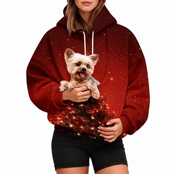 Pet Pouch Hoodie for Women, Christmas Tree Pullover Sweatshirt with Cuddle Pouch Dog Carrier Pocket
