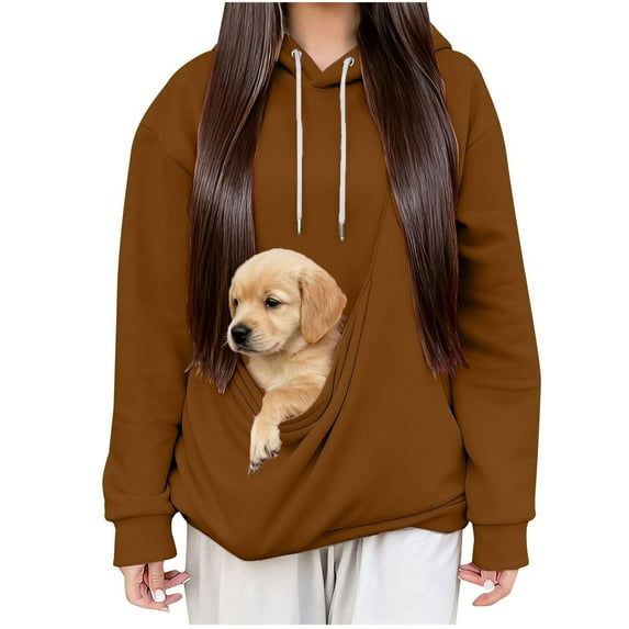 Pet Pouch Hoodie for Women Long Sleeve Kitten Puppy Holder Hoodies Solid Color Hooded Dog Cat Carrier Sweatshirt Casual Loose Pullover
