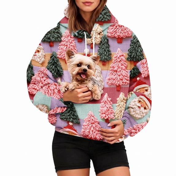 Pet Pouch Hoodie for Women, Santa Claus Christmas Tree Pullover Sweatshirt with Cuddle Pouch Dog Carrier Pocket