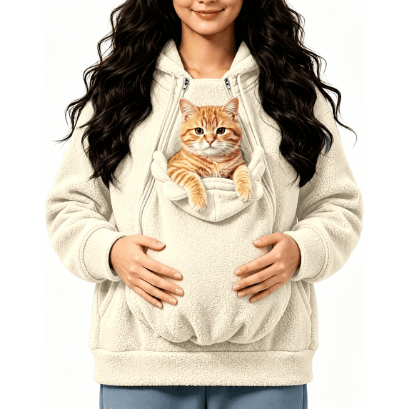 Pet Pouch Hoodie for Women, Sherpa Fleece Pet Carrier Hoodie with Zippered Kangaroo Pouch, Oversized Warm Sweatshirt with Side Pockets