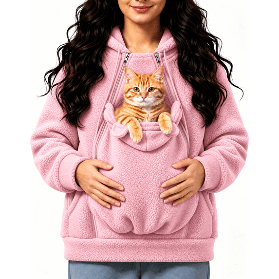 Pet Pouch Hoodie for Women, Sherpa Fleece Pet Carrier Hoodie with Zippered Kangaroo Pouch, Oversized Warm Sweatshirt with Side Pockets