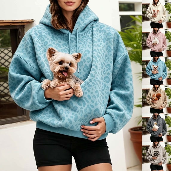 Pet Pouch Hoodies Sweatshirt for Women Leopard Print Pet Carrier Sweatshirt with Cute Dog Pocket Drawstring Casual Streetwear Top L