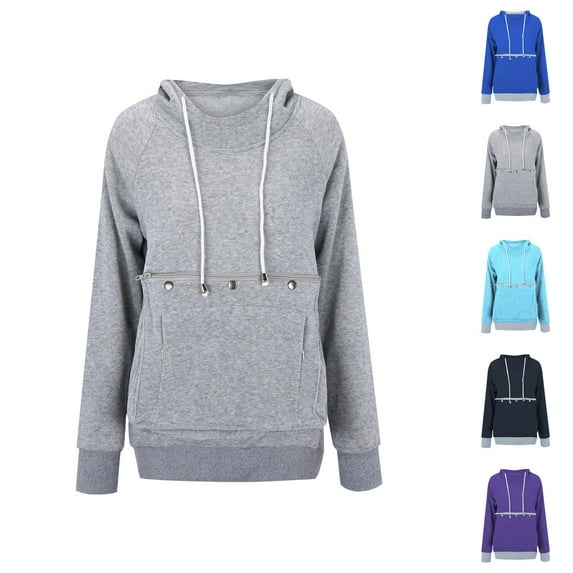 Pet Pouch Hoodies for Women Long Sleeve Big Kangaroo Pocket Cat Puppy Holder Hoodie Hooded Sweatshirt Pullover Tops