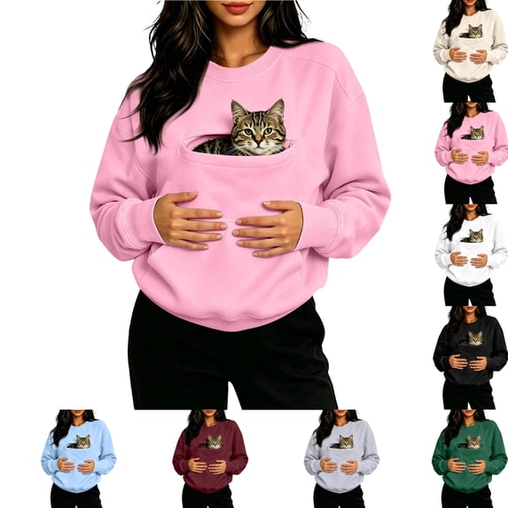 Pet Pouch Sweatshirt for Women with Pockets Oversized Pet Hoodies Lightweight Dog Pouch Pullover Sweatshirt Pink XL