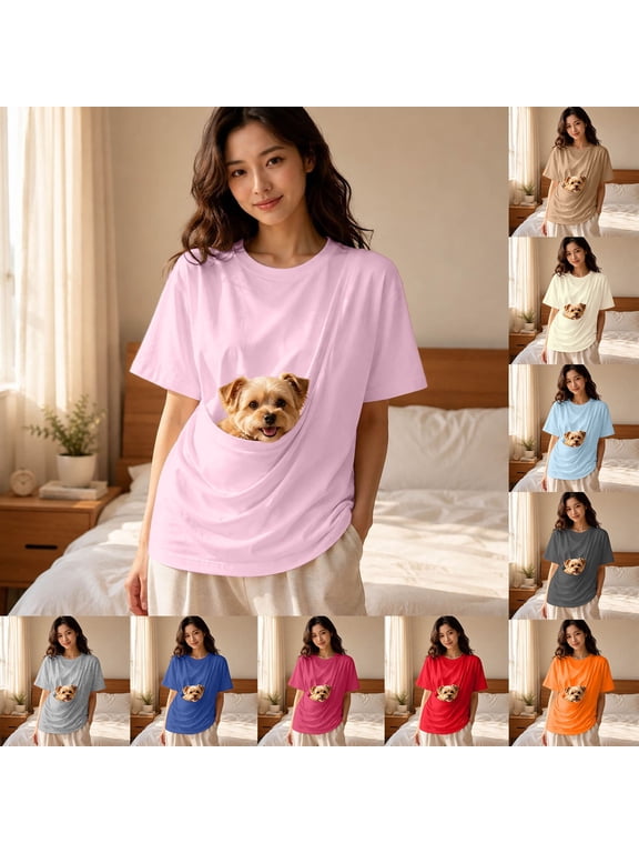 Pet Pouch T-Shirt for Women Men Kangaroo Pocket Pullover Puppy Cat Short Sleeve Shirt Dog Carrier Top Animal Holder S
