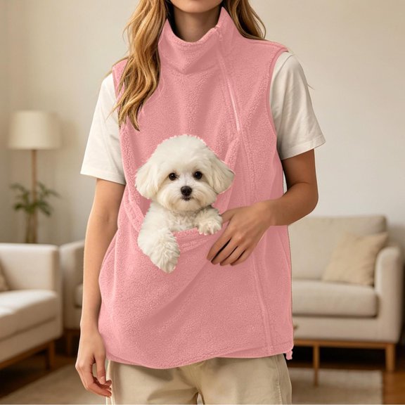 Pet Pouch Vest for Women Diagonal Zipper High Neck Sleeveless Jacket Pet Carrier Pocket for Small Dogs and Cats Textured Top