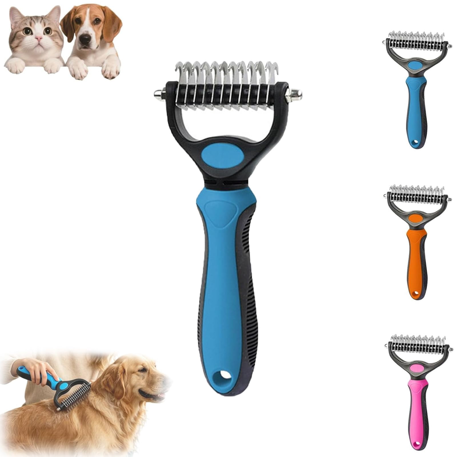 Pet Pro Grooming Tool, 2-in-1 Deshedding Dog Brush with 9/17 Teeth Undercoat Rake for Dogs & Cats, Dual-Sided Stainless Steel Pet Comb for Long Hair & Thick Coats, Non-Slip Ergonomic Handle (Blue-L)