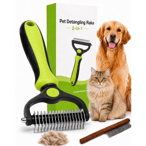 Pet Pro Grooming Tool, Deshedding Dog Brush Undercoat Rake Double Sided Cat Brushes Long Hair Dematting Comb Professional Extra-Wide Stainless Steel Teeth Supplies for Matted Fur on Cats Dogs