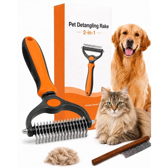 Pet Pro Grooming Tool, Deshedding Dog Brush Undercoat Rake Double Sided Cat Brushes Long Hair Dematting Comb Professional Extra-Wide Stainless Steel Teeth Supplies for Matted Fur on Cats Dogs