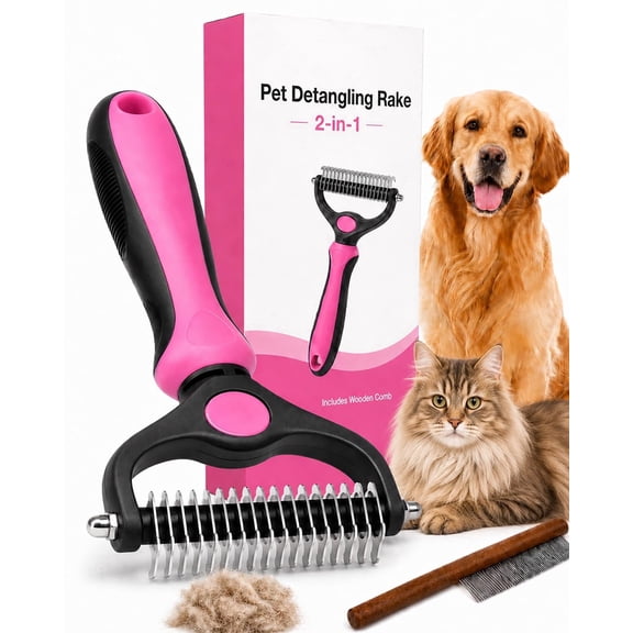 Pet Pro Grooming Tool, Deshedding Dog Brush Undercoat Rake Double Sided Cat Brushes Long Hair Dematting Comb Professional Extra-Wide Stainless Steel Teeth Supplies for Matted Fur on Cats Dogs