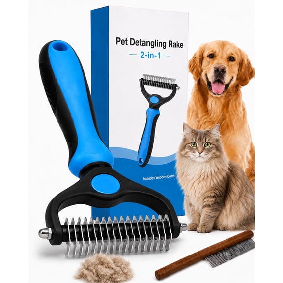 Pet Pro Grooming Tool, Deshedding Dog Brush Undercoat Rake Double Sided Cat Brushes Long Hair Dematting Comb Professional Extra-Wide Stainless Steel Teeth Supplies for Matted Fur on Cats Dogs