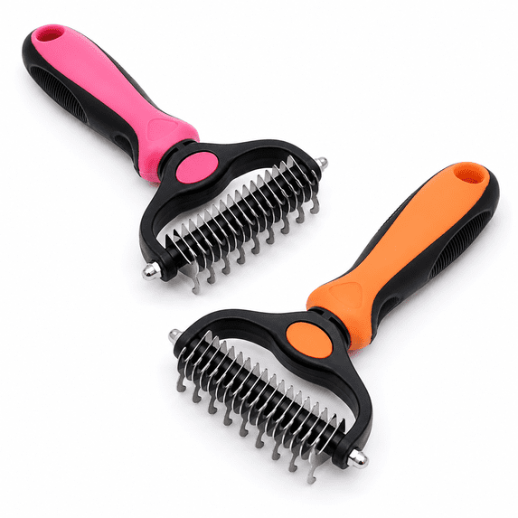 Pet Pro Grooming Tool, Double-Sided Dematting Comb and Undercoat Rake, Rounded Teeth, Ergonomic Handle for Long Haired Pets