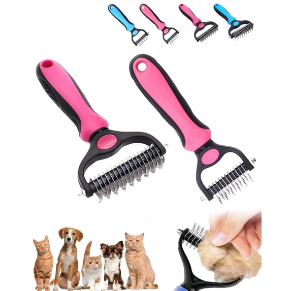 Pet Pro Grooming Tool, Double Teeth Grooming Comb Kit for Dogs, Cat Deshedding Brush, Dog Rake Brush for Shedding, Cats Comb Undercoat Long Hair Knotter Remover (Pink 2Pcs)