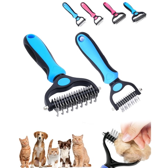 Pet Pro Grooming Tool, Double Teeth Grooming Comb Kit for Dogs, Cat Deshedding Brush, Dog Rake Brush for Shedding, Cats Comb Undercoat Long Hair Knotter Remover (Blue 2Pcs)