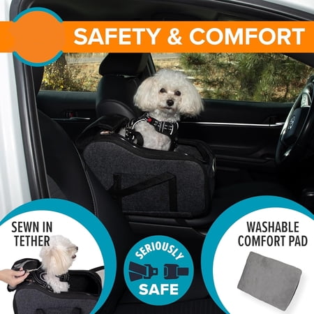 Pet Products Center Console Dog Car Seat for Small Dogs & Cats, Secure Armrest Booster Pet Carrier with ty Tether, Zippered Enclosure, 2 Pockets, Washable P Pad, for Pets Under 8 lbs.
