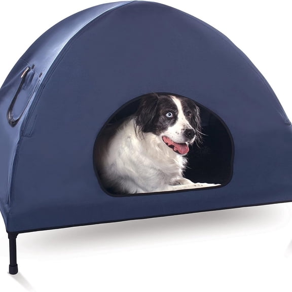 Pet Products Pet Cot House for Large Dogs, Outdoor Elevated Dog Cot House, Enclosed Canopy, Window Flaps for Air Flow, Washable Cover, Raised Metal Frame, Collapsible -