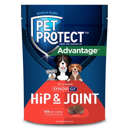 Pet Protect Dog Hip & Joint Supplement, Vet-Formulated Synovi G3, Chicken, 60 Soft Chews