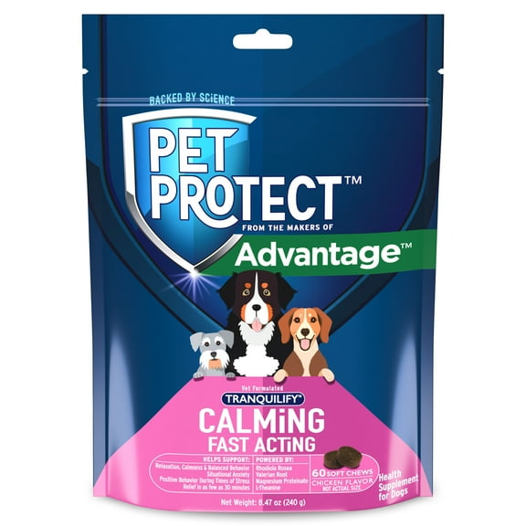 Pet Protect Fast-Acting Calming Chews for Dogs, Vet-Formulated Tranquilify, Chicken, 60 Soft Chews