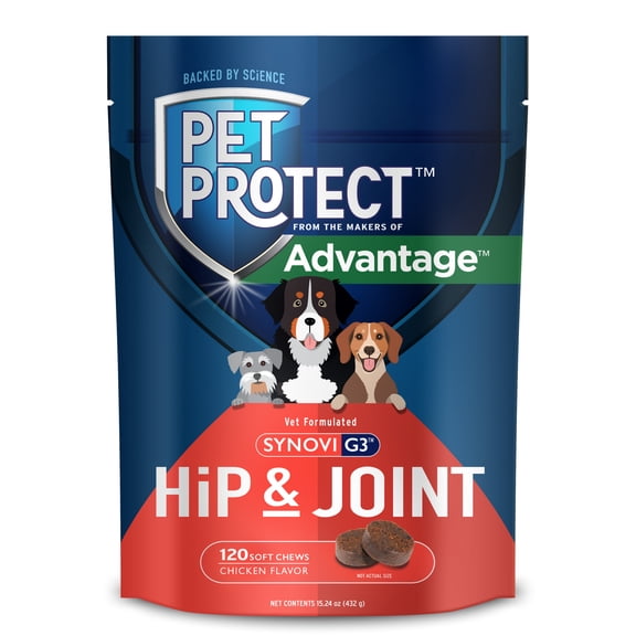 Pet Protect Dog Hip & Joint Supplement, Vet-Formulated Synovi G3, Chicken, 120 Soft Chews