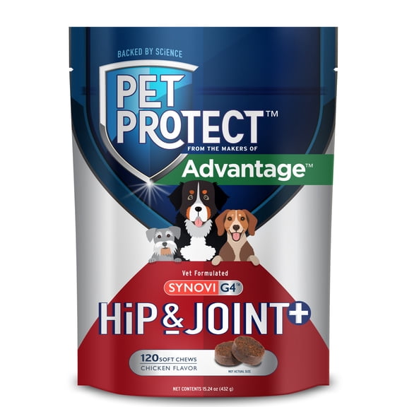Pet Protect Dog Hip & Joint+ Supplement, Vet-Formulated Synovi G4, Chicken, 120 Soft Chews
