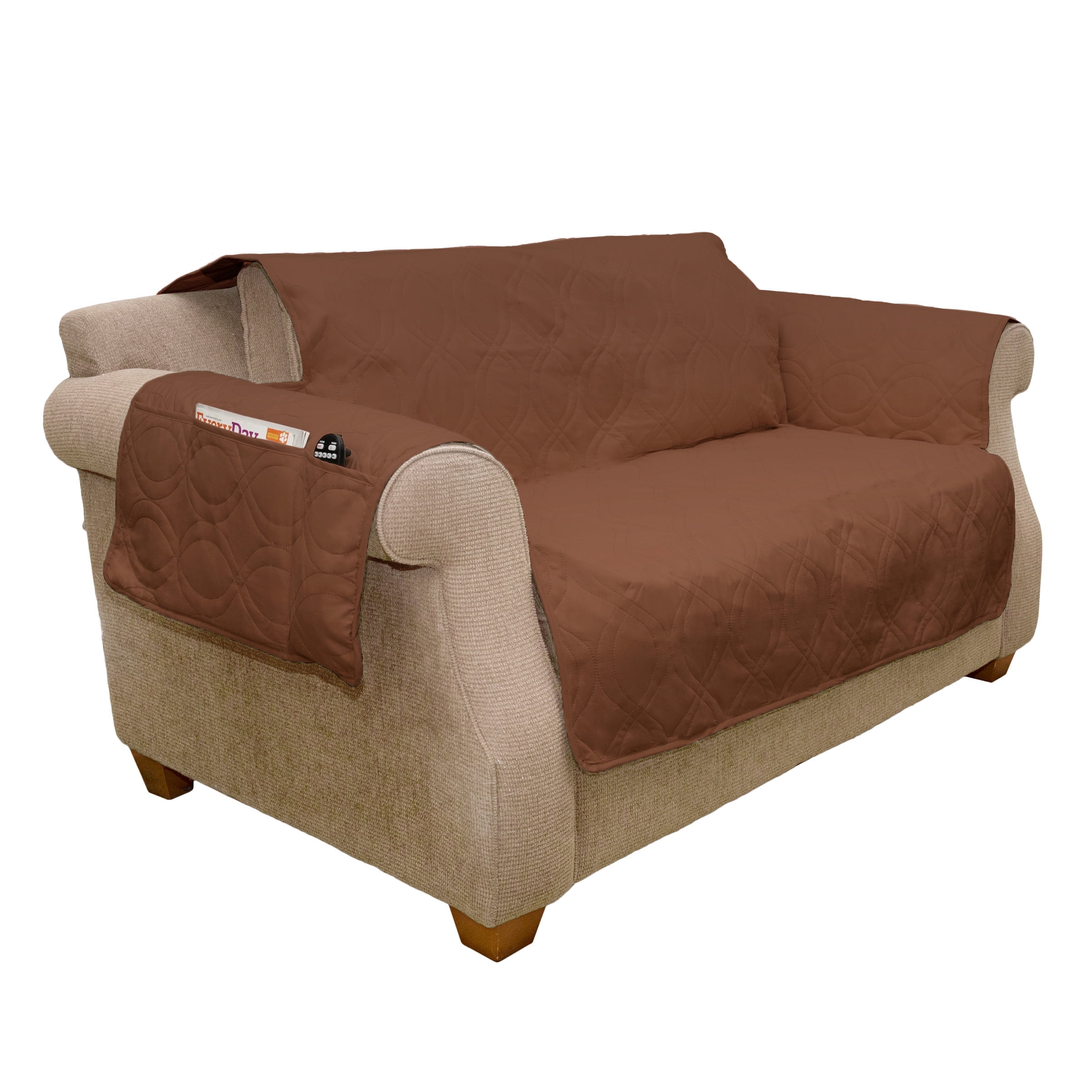 Brown Quilted Waterproof Pet Loveseat Cover with Pockets